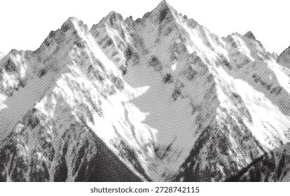 Die majestätische Bergkette ist in einem dramatischen Rasterpunktmuster dargestellt, das schroffe Gipfel und schneebedeckte Hänge unter dem Himmel zeigt.