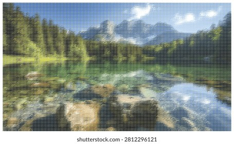 Majestic mountain range rising above pristine clear water lake surrounded by lush green forests. Scenic landscape view for travel inspiration design.
