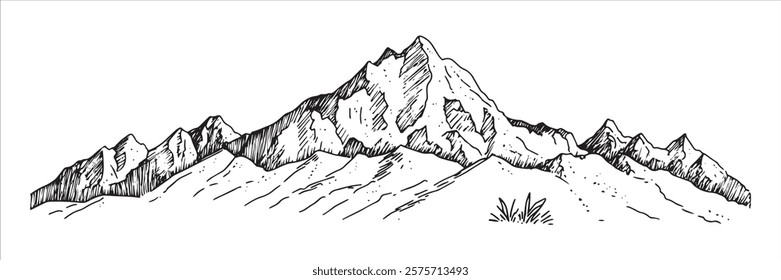 majestic mountain range with rugged peaks hand-drawn sketch doodle