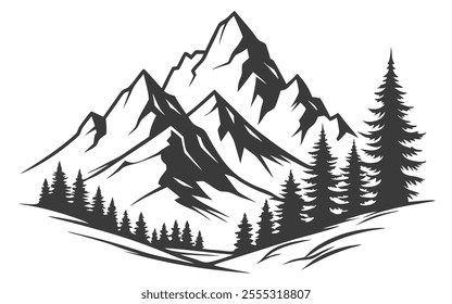 A majestic mountain range with snow-capped peaks, stands tall with a cluster of evergreen trees in the foreground. The minimalist black and white design evokes a sense of tranquility and grandeur.



