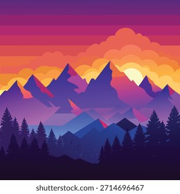 Majestic mountain range at sunset with pine trees in silhouette mountains landscape