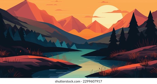 Majestic Mountain River Vector Wallpaper