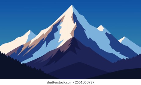 Majestuosa cima montañosa adornada con árboles cubiertos de nieve, mostrando la belleza de los inviernos abrazan la Ilustración vectorial plana