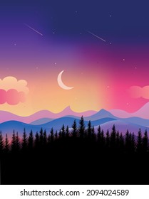 Majestic mountains against the background of a colorful sunset, falling stars, a glowing crescent moon, spruce forest, starry sky