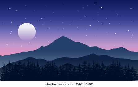 Majestic mountains in a beautiful starry night. Nature landscape with moon and blue-purple sky. Outdoor vector illustration.