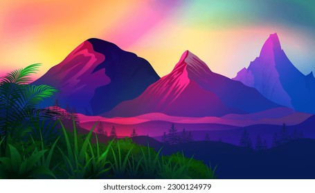 Majestic mountains with bright vibrant color design, with dawn and deep valley vector landscape