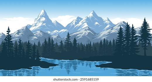 Majestic mountains rise above a calm lake reflecting the serene blue sky. Tall pine trees line the shores enhancing the tranquil atmosphere of this natural setting.