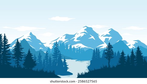 Majestic mountains rise in the background beneath a clear sky. A tranquil river flows through lush greenery while tall pine trees frame the scene creating a peaceful atmosphere.