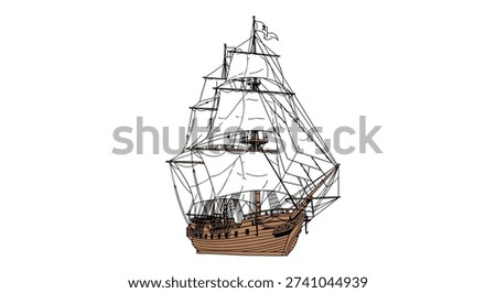 Majestic multi-masted sailing ship with full sails displayed in a detailed brown and white historical engraving style.