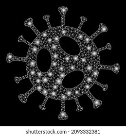 Majestic net 2019-ncov virus icon with light spots on a black background. Light vector model redesigned from 2019-ncov virus symbol, with triangulated mesh and random light spots.