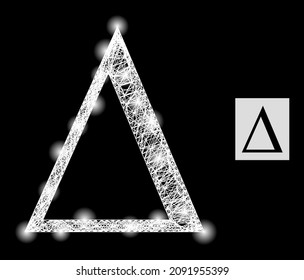 Majestic net mesh Delta letter icon with lightspots and white mesh on a black background. Light vector constellation is based on Delta letter icon, with irregular white net and random light spots.