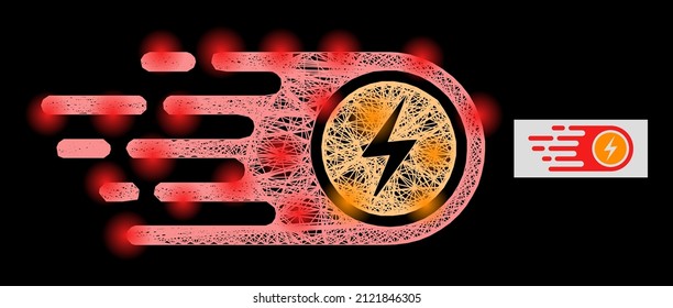 Majestic net mesh electrical power with light spots on a black background. Bright vector structure is based on electrical power icon, with irregular net and light dots.