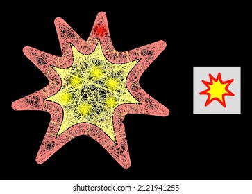 Majestic net mesh exploding boom with light spots on a black background. Light vector mesh is created from exploding boom pictogram, with hatched net and light spots.