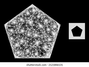 Majestic net mesh filled pentagon with light spots on a black background. Bright vector structure is based on filled pentagon symbol, with irregular network and light spots.