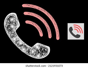 Majestic net mesh phone call with lightspots on a black background. Bright vector mesh is based on phone call symbol, with irregular network and lightspots.