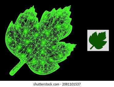 Majestic network grape leaf with light spots on a black background. Light vector mesh is based on grape leaf glyph, with intersected network and light spots.