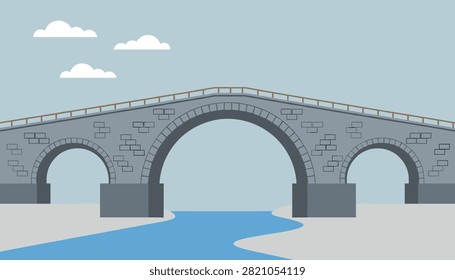 Majestic old stone arch bridge stretching over a winding blue river under a simple cloud filled sky.