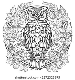 A majestic Owl illustration in a stylish composition. Adult coloring book pages made freehand with doodle and Zentangle elements., Vector  illustration