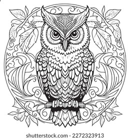 A majestic Owl illustration in a stylish composition. Adult coloring book pages made freehand with doodle and Zentangle elements., Vector  illustration