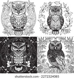 A majestic Owl illustration in a stylish composition. Adult coloring book pages made freehand with doodle and Zentangle elements., Vector  illustration