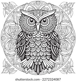 A majestic Owl illustration in a stylish composition. Adult coloring book pages made freehand with doodle and Zentangle elements., Vector  illustration