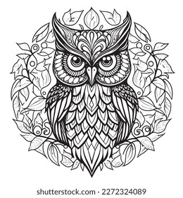 A majestic Owl illustration in a stylish composition. Adult coloring book pages made freehand with doodle and Zentangle elements., Vector  illustration