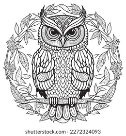 Eine majestätische Owl-Illustration in einer stilvollen Komposition. Farbbuchseiten für Erwachsene aus Freehand mit Doppel- und Zentangle-Elementen, Vektorgrafik