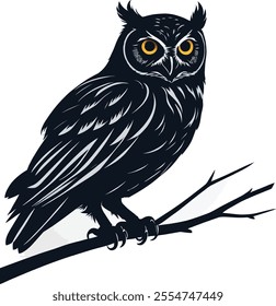 A majestic owl with piercing yellow eyes, perched on a bare branch
A detailed line drawing of an owl with intricate feather patterns