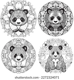 A majestic Panda illustration in a stylish composition. Adult coloring book pages made freehand with doodle and Zentangle elements., Vector  illustration