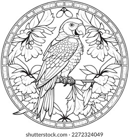 A majestic Parrot illustration in a stylish composition. Adult coloring book pages made freehand with doodle and Zentangle elements., Vector  illustration