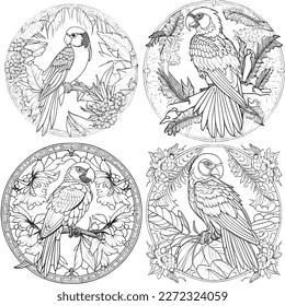 A majestic Parrot illustration in a stylish composition. Adult coloring book pages made freehand with doodle and Zentangle elements., Vector  illustration