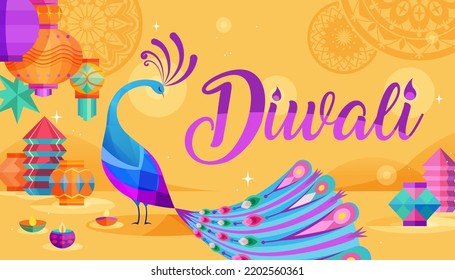 Majestic peacock and colorful lanterns on patterned orange background. Concept of national bird symbolizes grace, joy, and love for Diwali in India