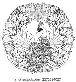 A majestic Peacock illustration in a stylish composition. Adult coloring book pages made freehand with doodle and Zentangle elements., Vector  illustration