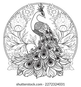 Una majestuosa ilustración de Peacock en una composición elegante. Páginas de libros de coloreo para adultos realizadas a mano libre con doodle y elementos Zentangle., Ilustración vectorial