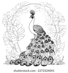 A majestic Peacock illustration in a stylish composition. Adult coloring book pages made freehand with doodle and Zentangle elements., Vector  illustration