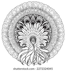 A majestic Peacock illustration in a stylish composition. Adult coloring book pages made freehand with doodle and Zentangle elements., Vector  illustration