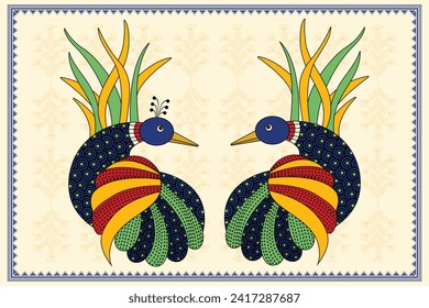 Majestic Peacock Pair - Vibrant Gond Art, Illustration: gond Art Peacock, Style Peacock - Colorful Gond, Indian Folk Art, Peacock Pair, Design of tribal.