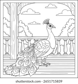 A majestic peacock stands proudly on a wooden veranda—ideal for bird-themed coloring projects for children.