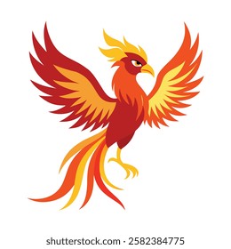 Majestic Phoenix Bird with Fiery Wings Vector Illustration