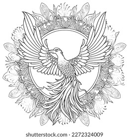 A majestic Phoenix illustration in a stylish composition. Adult coloring book pages made freehand with doodle and Zentangle elements., Vector  illustration