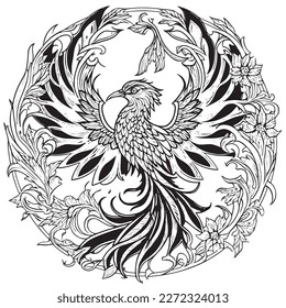 A majestic Phoenix illustration in a stylish composition. Adult coloring book pages made freehand with doodle and Zentangle elements., Vector  illustration