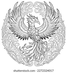 A majestic Phoenix illustration in a stylish composition. Adult coloring book pages made freehand with doodle and Zentangle elements., Vector  illustration