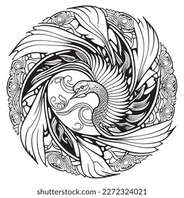A majestic Phoenix illustration in a stylish composition. Adult coloring book pages made freehand with doodle and Zentangle elements., Vector  illustration