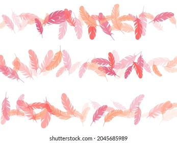 Majestic pink flamingo feathers vector background. Falling feather elements soft vector design. Quill plumelet silhouettes illustration. Bird wing plumage boho line art.