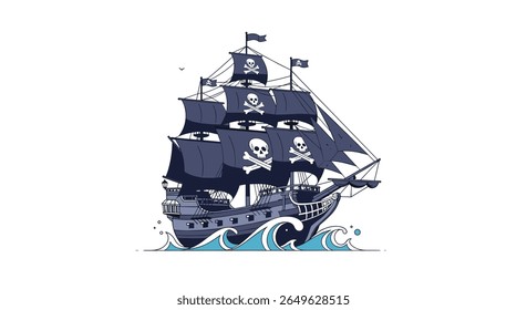 A majestic pirate ship sailing through rough seas under a dark sky filled with skull flags