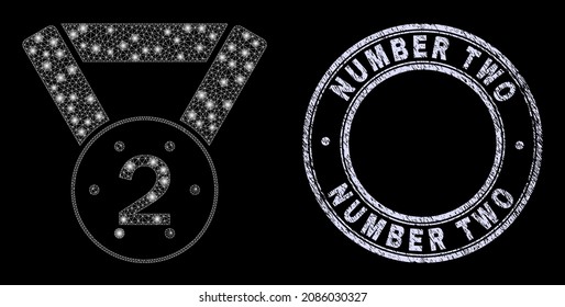Majestic Polygonal Mesh Web 2nd Place Medal Icon With Glare Effect On A Black Background With Round Number Two Rubber Watermark. Vector Model Is Based On 2nd Place Medal Pictogram,