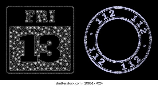 Majestic polygonal net 13th Friday calendar page icon with glare effect on a black background with round 112 corroded stamp. Vector frame is based on 13th Friday calendar page icon,