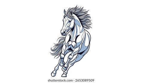 Majestoso Cavalo Poderoso Galopando com Corveta Fluindo e Cauda Contra um Fundo Branco Simbolizando Liberdade e Força