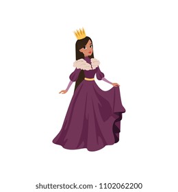 Majestic queen in golden crown European medieval character vector Illustration on a white background