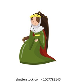 Majestic queen in golden crown sitting on wooden throne, fairytale or medieval character cartoon vector Illustration